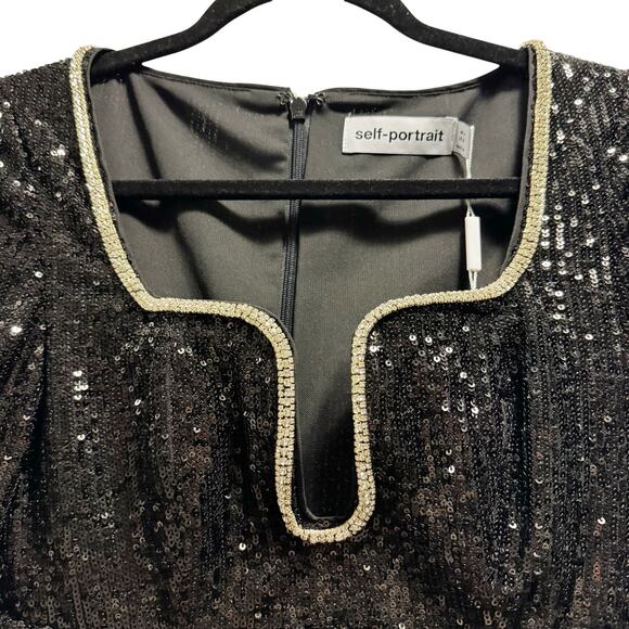 Self Portrait Black Sequin Feather Mini Dress Size 0 | Long Sleeve Party Dress - Picture 5 of 8